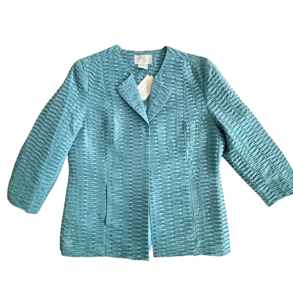 Silk Club Collection Teal Blue 100% Silk Pleated Smocked Blazer Jacket NWT L$198